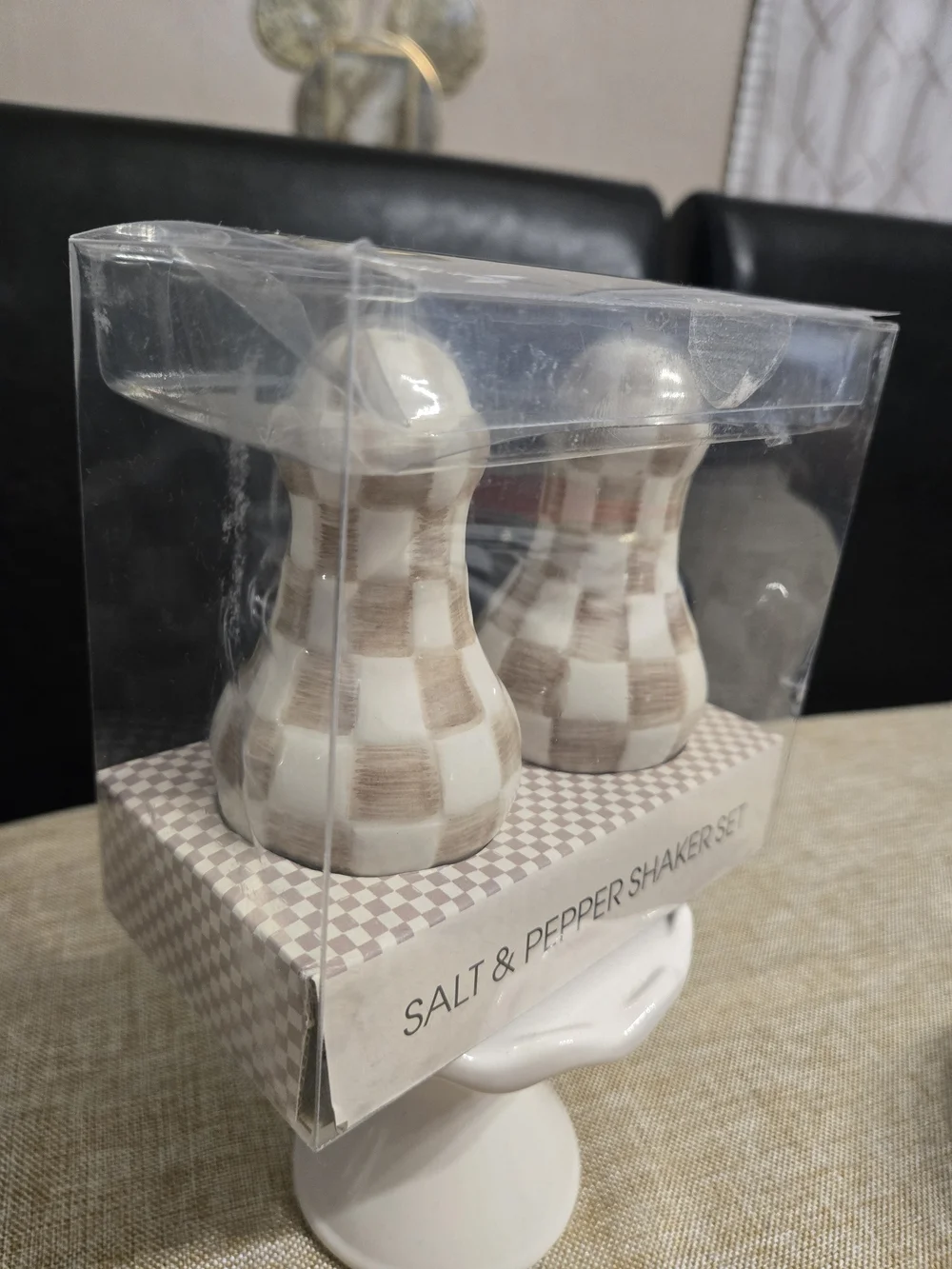 MIRKT Beige Check Ceramic Salt & Pepper Shaker Set